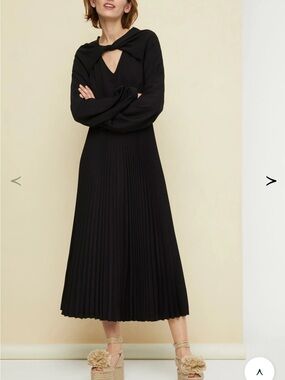 Black Pleated Midi Dress with Twist Neck Detail